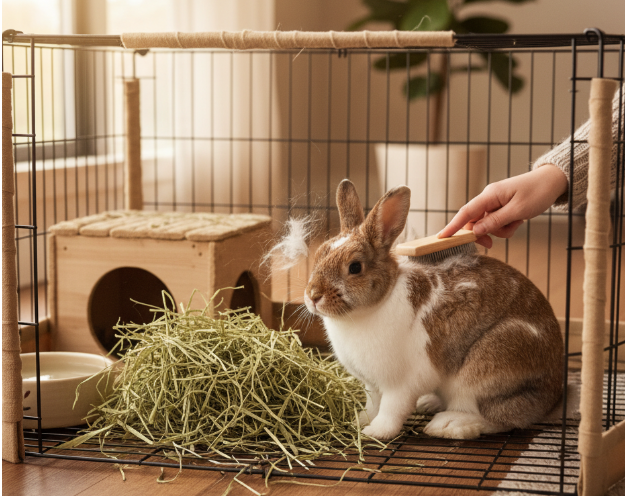 케이지 안에서 반려토끼가 앉아있고 보호자가 브러싱을 해주는 이미지