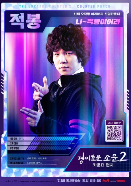 경이로운 소문 시즌2의 신입 카운터 적봉(유인수)의 능력치가 담긴 캐릭터 카드 포스터