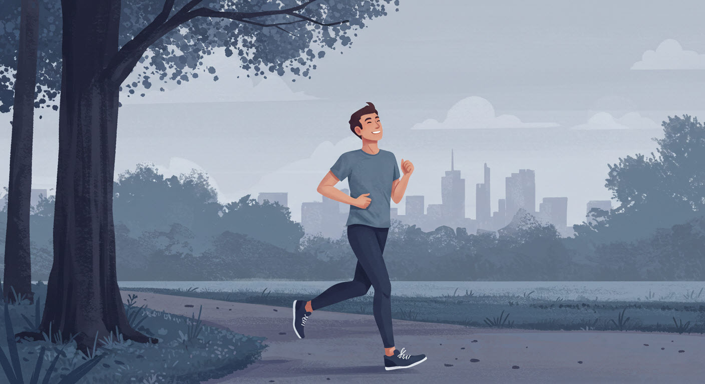 남자가 호수가에서 웃음을 띤 얼굴로 달리기를 하고 있는 삽화