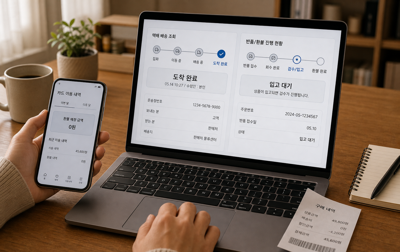 반품 보낸 뒤 환불이 안 되어 회수 운송장 도착일과 쇼핑몰 입고 상태를 확인하는 화면