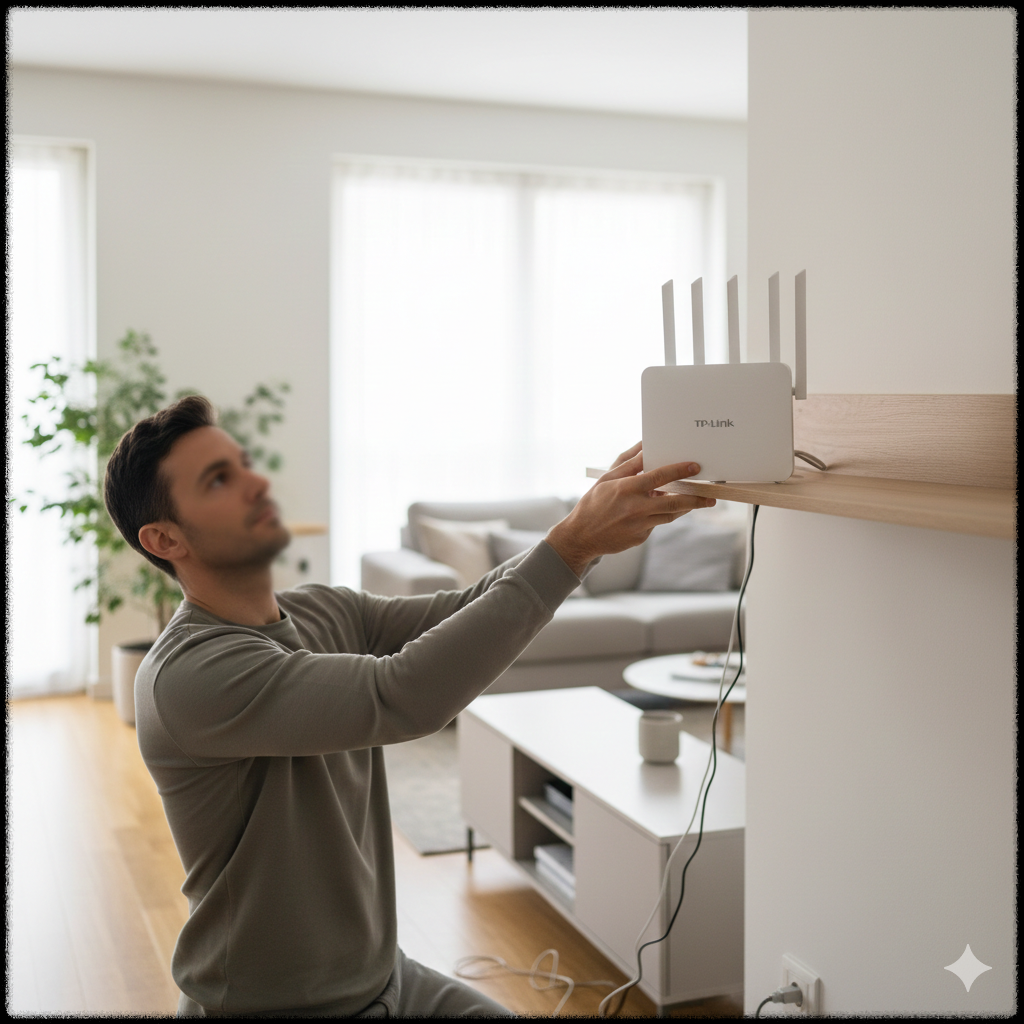 공유기를 바닥에서 선반 위로 옮겨 신호를 개선하는 모습