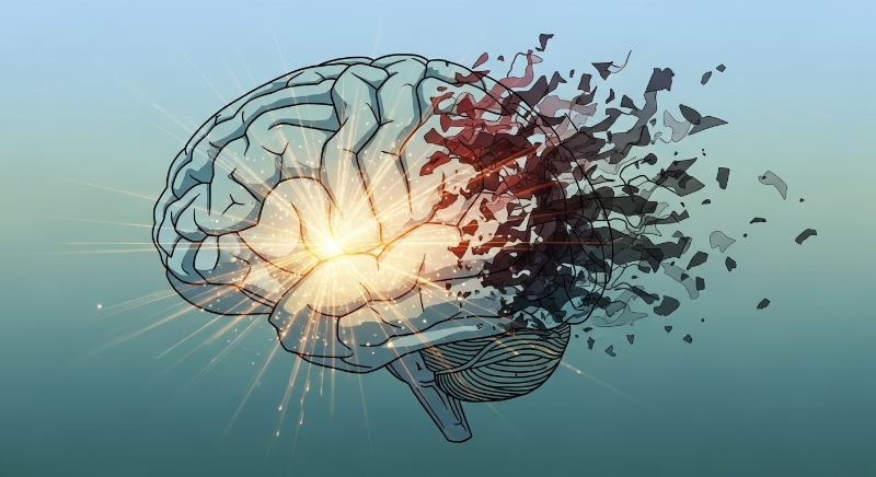 명상을 통해 스트레스가 줄어들고 뇌 기능이 향상되는 모습의 추상화