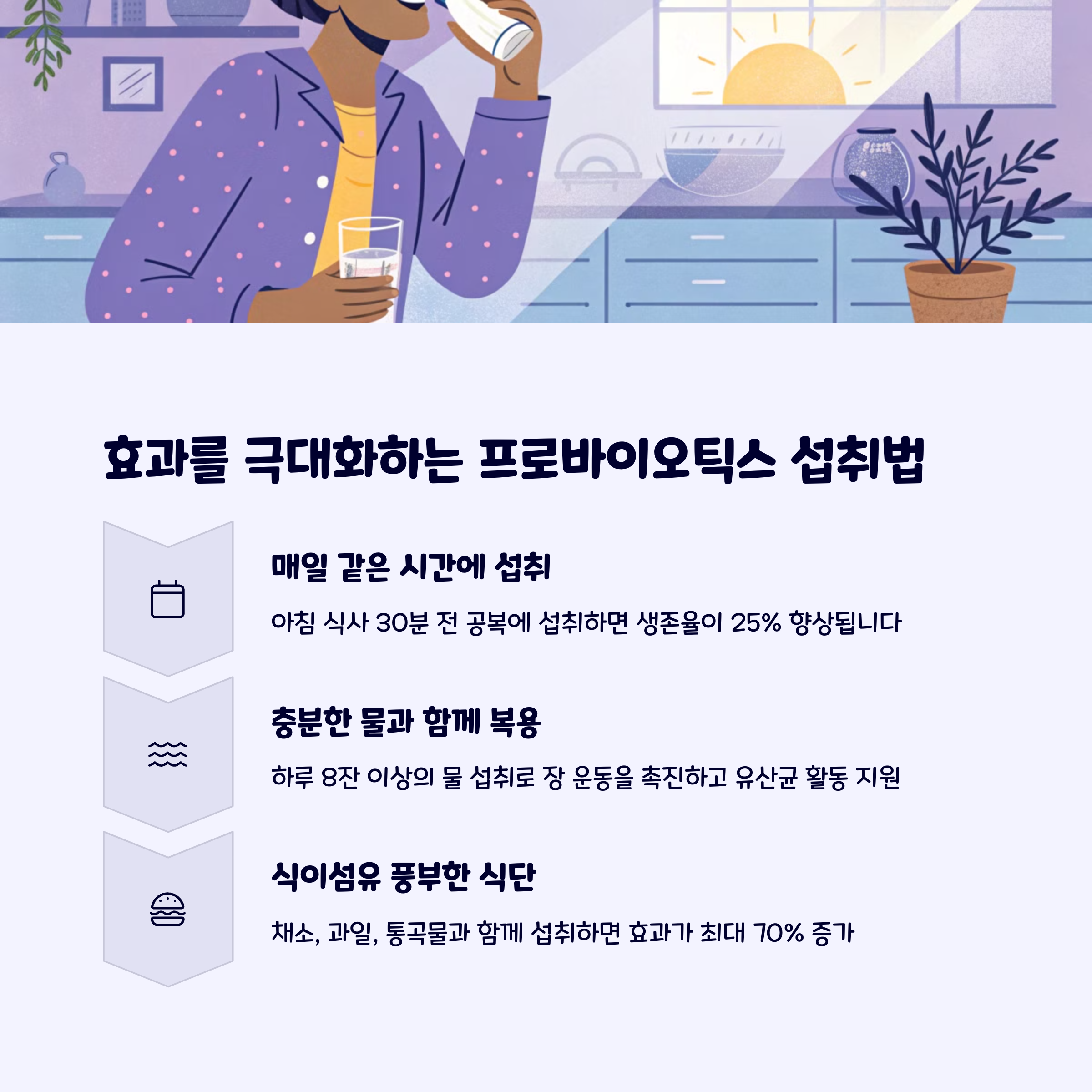 프로바이오틱스 섭취 방법을 안내하는 인포그래픽, 섭취 타이밍과 물, 식이섬유 섭취 권장