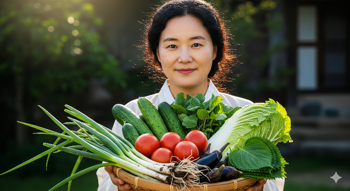 다양한 채소가 담긴 바구니를 들고 있는 주부