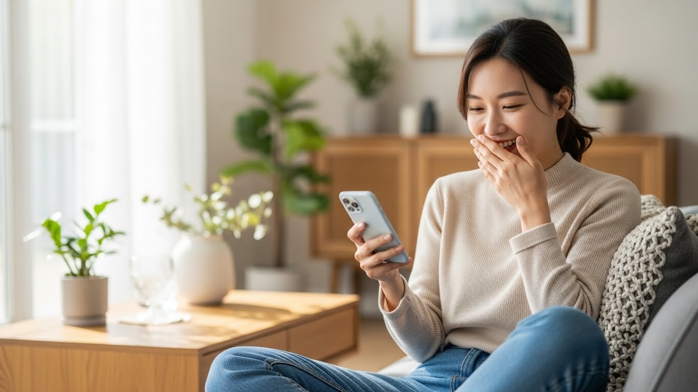 스마트폰으로 예상 환급금 액수를 확인하고 '13월의 월급'에 기뻐하는 사회초년생의 모습