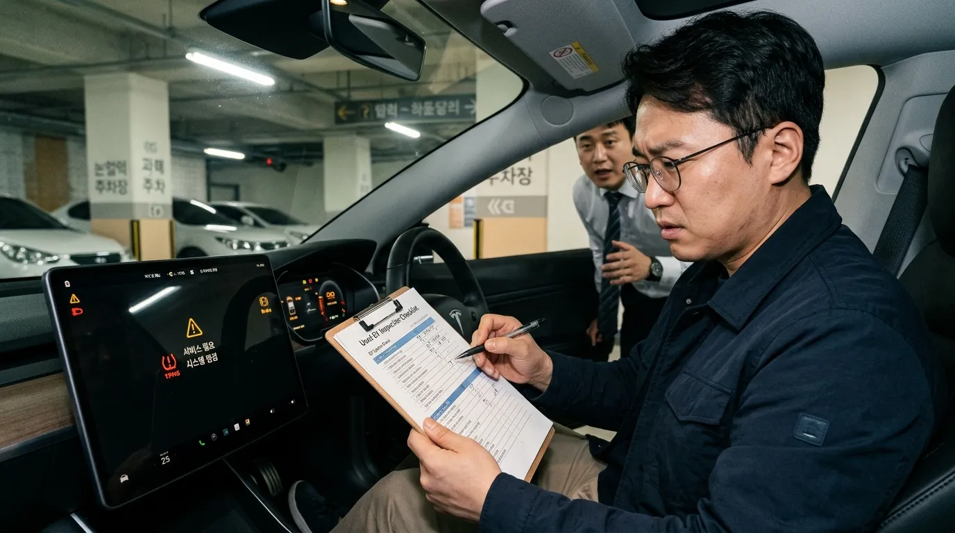 테슬라 중고차에서 배터리 경고 신호를 확인하는 장면