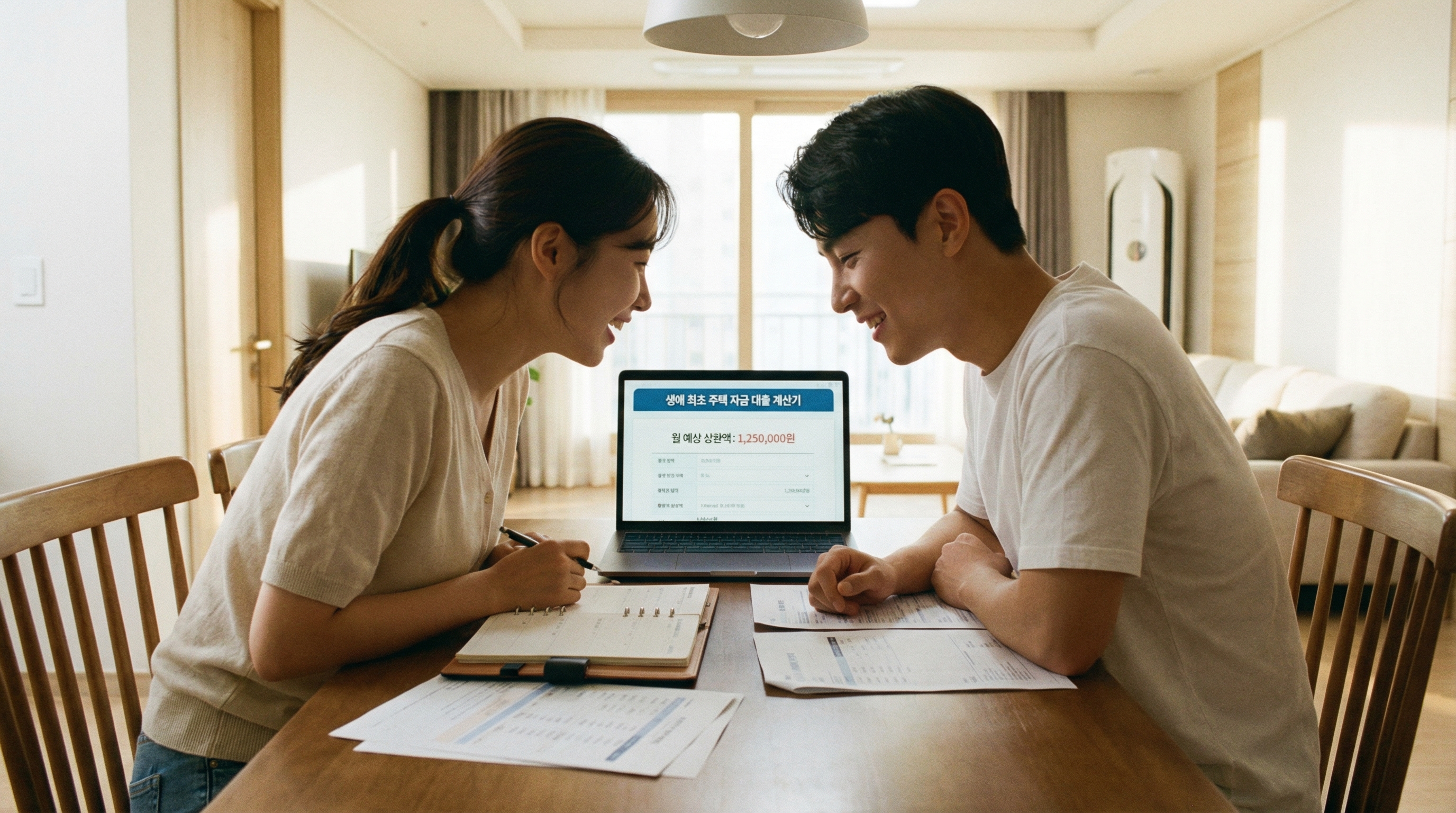 생애 최초 주택 자금 대출 계산기를 사용하여 월 상환액을 확인하고 자금 계획을 세우는 모습