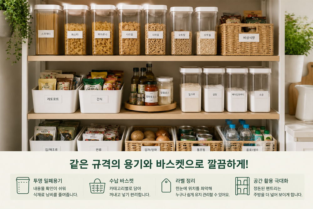 같은 규격의 투명 밀폐용기와 수납 바스켓으로 카테고리별 식재료를 정리한 팬트리 수납 모습. 좁은 주방도 넓어 보이는 효율적인 팬트리 정리 예시.