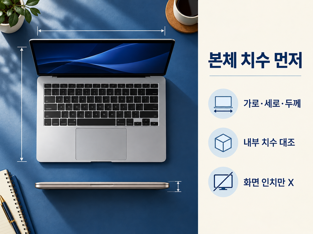 MacBook Air 본체 가로·세로·두께를 파우치 내부 치수와 대조하는 기준
