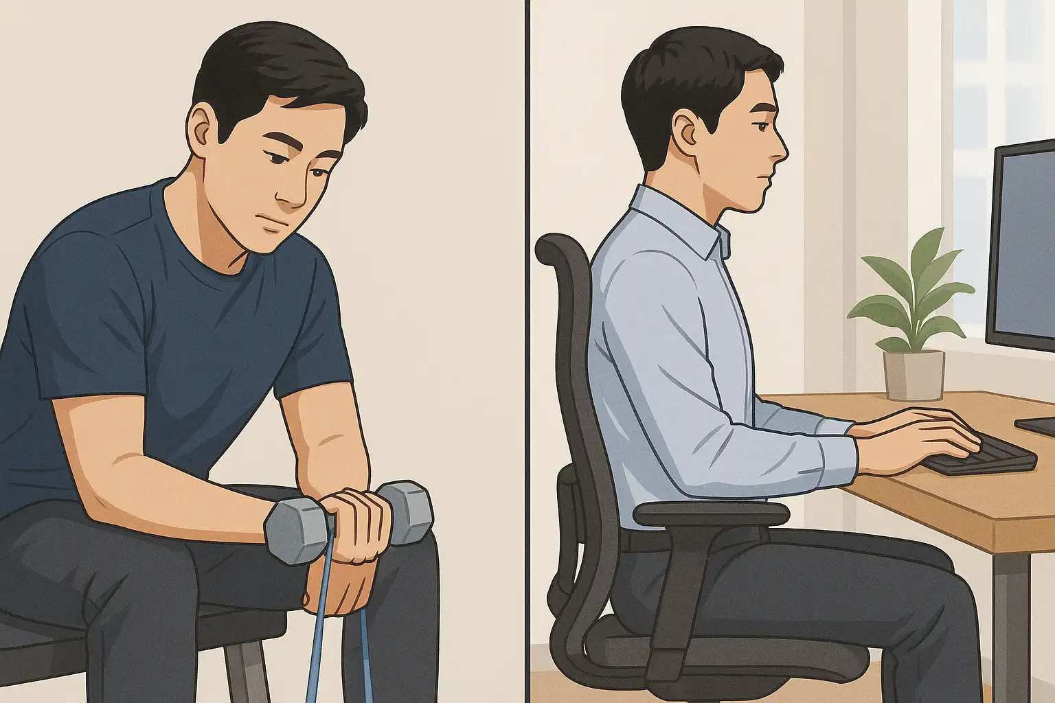 가벼운 아령이나 고무밴드로 손목 근력 운동을 하는 사람, 인체공학적 의자와 책상에서 올바른 자세로 작업하는 직장인