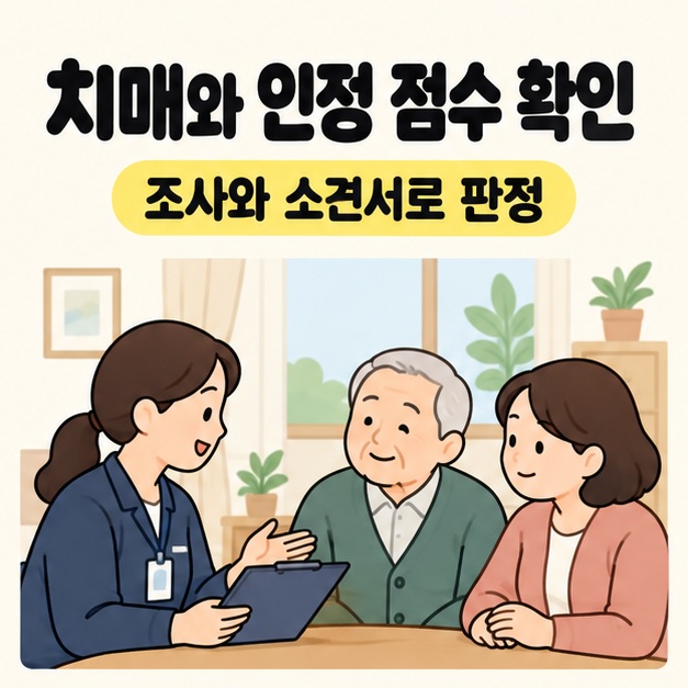 치매와 인정 점수 확인 문구 아래 방문 조사 담당자가 노인과 보호자의 설명을 듣는 모습