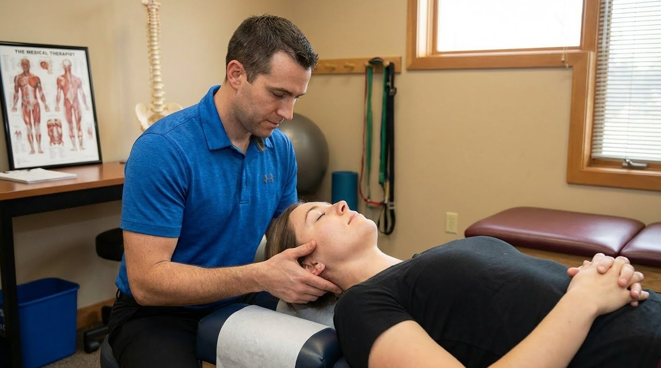 물리치료사가 환자의 목을 교정해주는 이미지