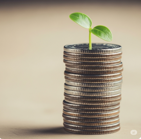 규칙적으로 쌓여가는 동전 위에 성장하는 작은 식물이 있는 모습