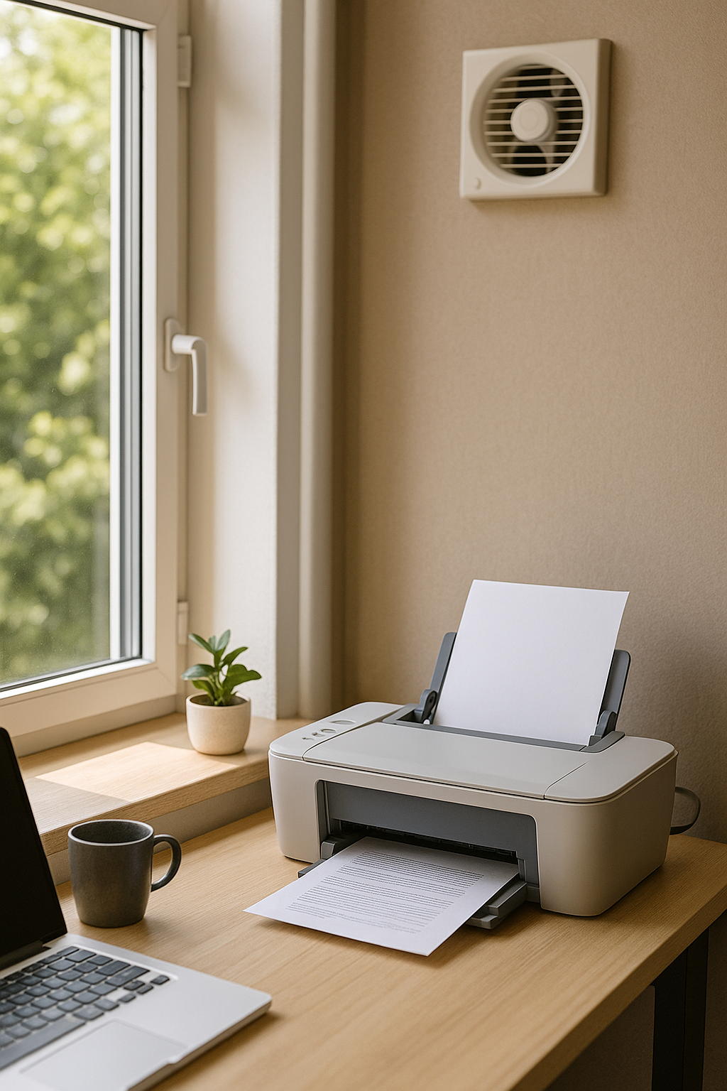 창문을 열고 배기팬을 켠 상태에서 레이저 프린터로 출력 중인 홈오피스 장면