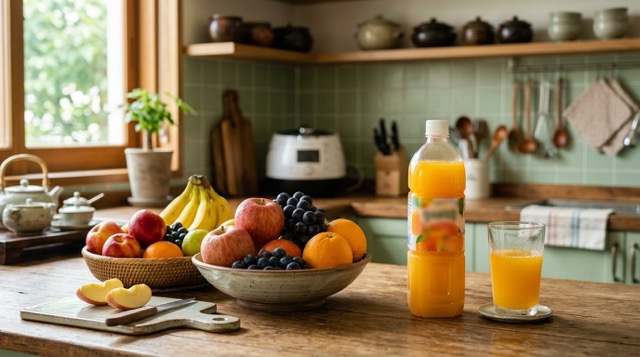 생과일과 가당 주스를 비교해 놓은 주방 장면