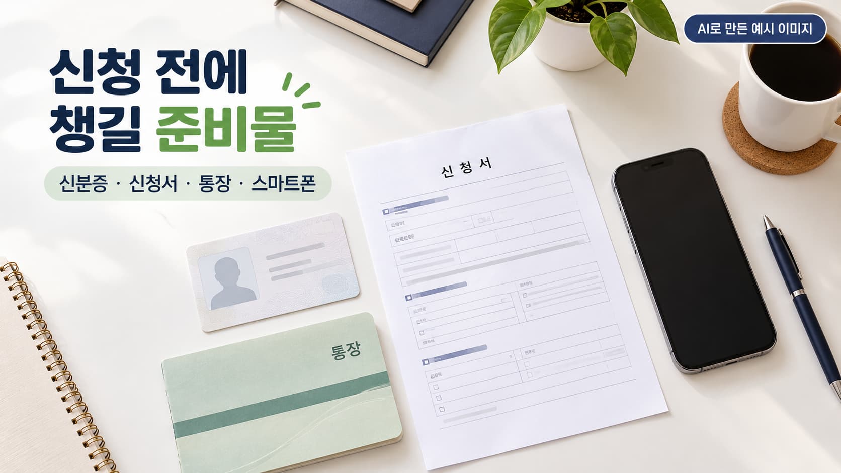 신분증, 신청서, 통장, 스마트폰이 책상 위에 놓인 실업급여 신청 준비물 일러스트