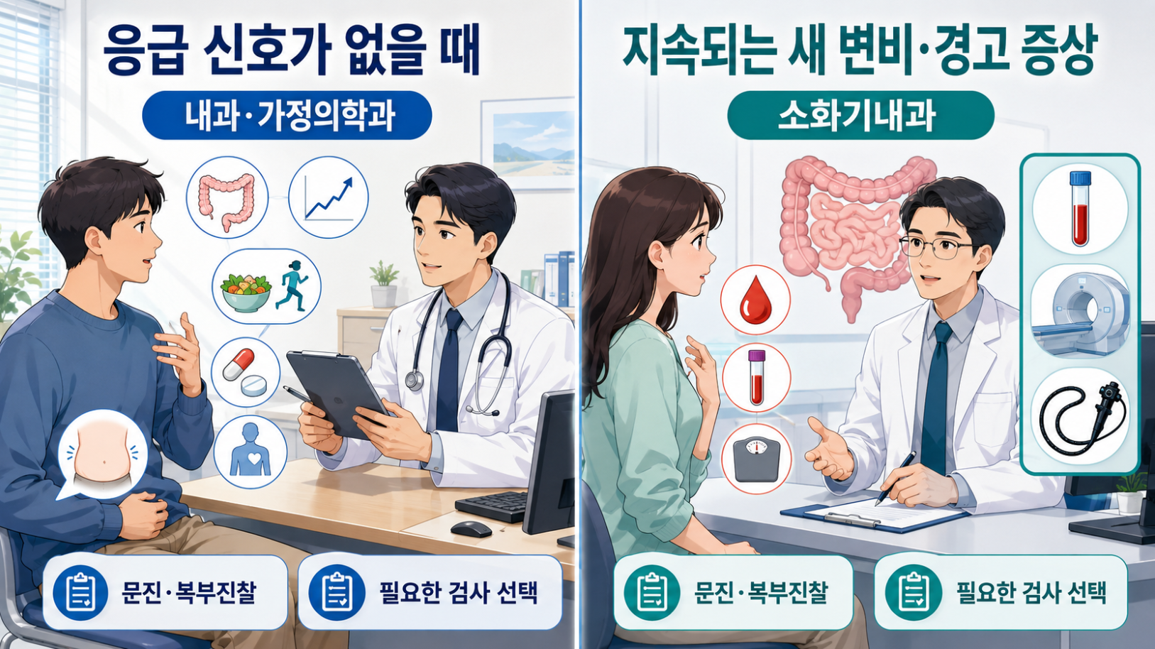 새 변비에서 내과·가정의학과 첫 진료와 경고 증상 시 소화기내과 진료 비교