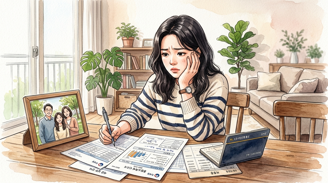 가족 간 계좌이체가 증여세 부과 대상이 되어 국세청 자금 출처 소명 요구에 대비해야하는 걱정 가득한 모습.
