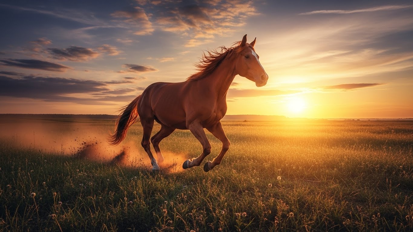 [썸네일 이미지 #1: 2026년 병오년 말띠 해를 상징하는 역동적이고 따뜻한 일출 풍경]