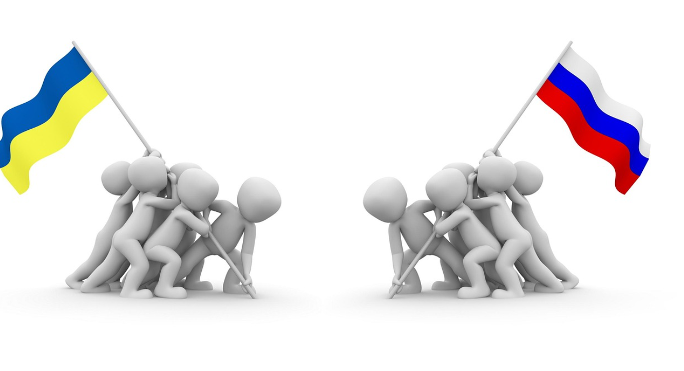 우크라이나 러시아 국기를 세우는 캐릭터들