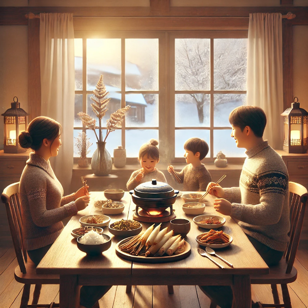 가족이 전통 겨울 음식을 함께 즐기며 따뜻한 분위기를 나누는 장면