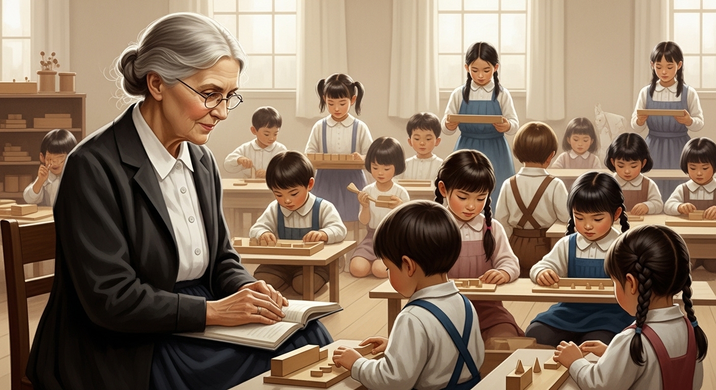 마리아 몬테소리가 한국 아이들이 자유롭게 활동하는 모습을 따뜻하게 관찰하고 있는 모습. 아동 중심 교육 철학을 보여줍니다.
