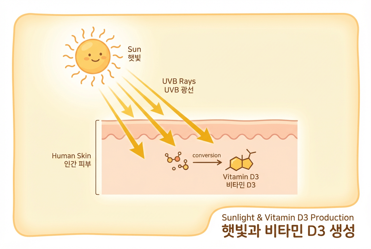 햇빛의 UVB 광선이 피부에 닿아 비타민 D3가 생성되는 과정을 설명한 인포그래픽