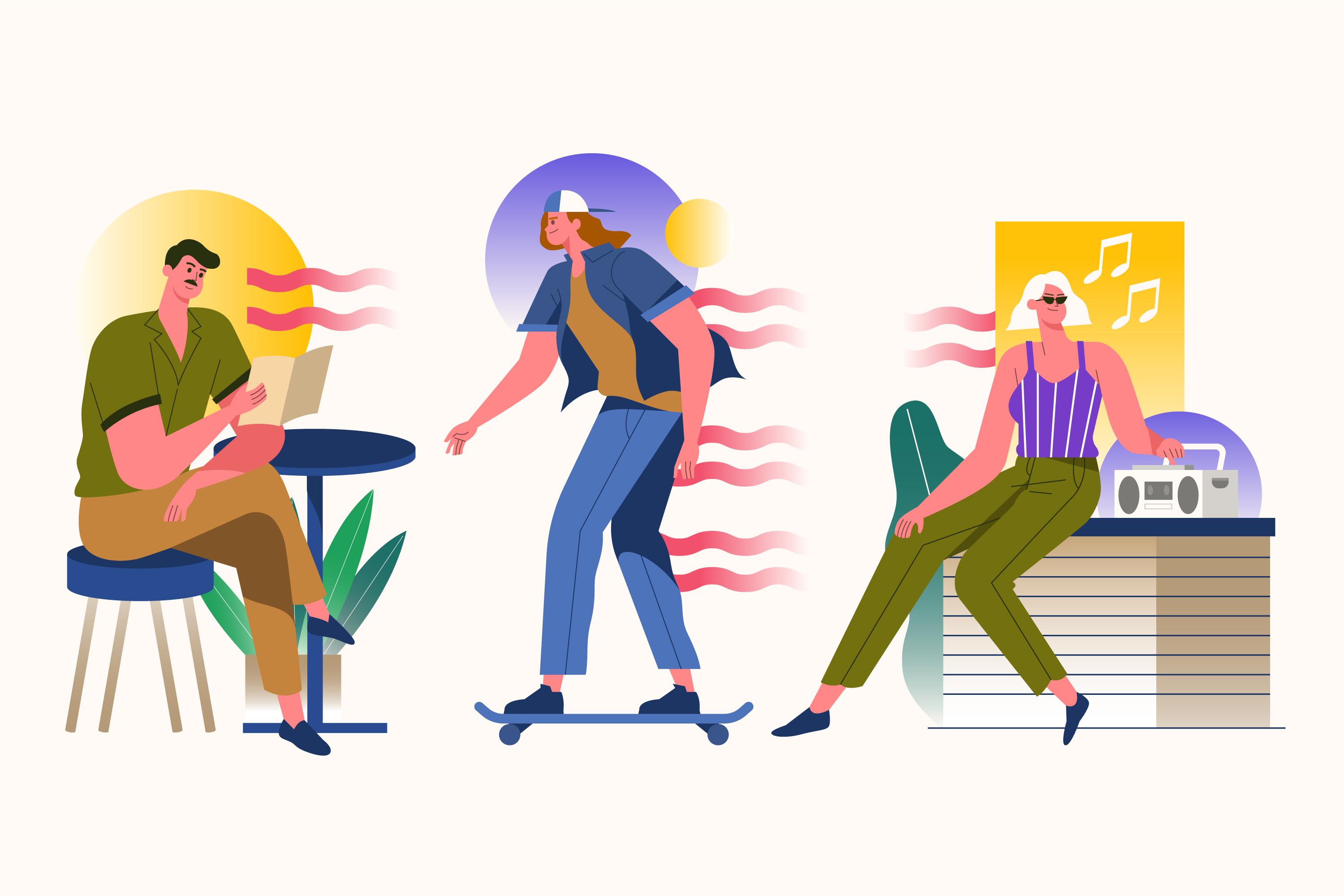 책읽는 사람, 스케이트 타는 사람, 노래듣는 사람 등 바쁜 현대인들 모습의 일러스트