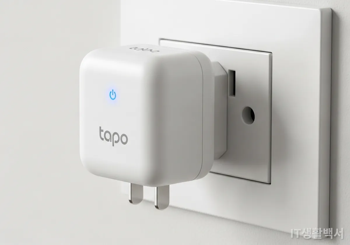 한국형 220V 콘센트에 꽂혀 있는 타포 스마트 플러그의 근접 사진
