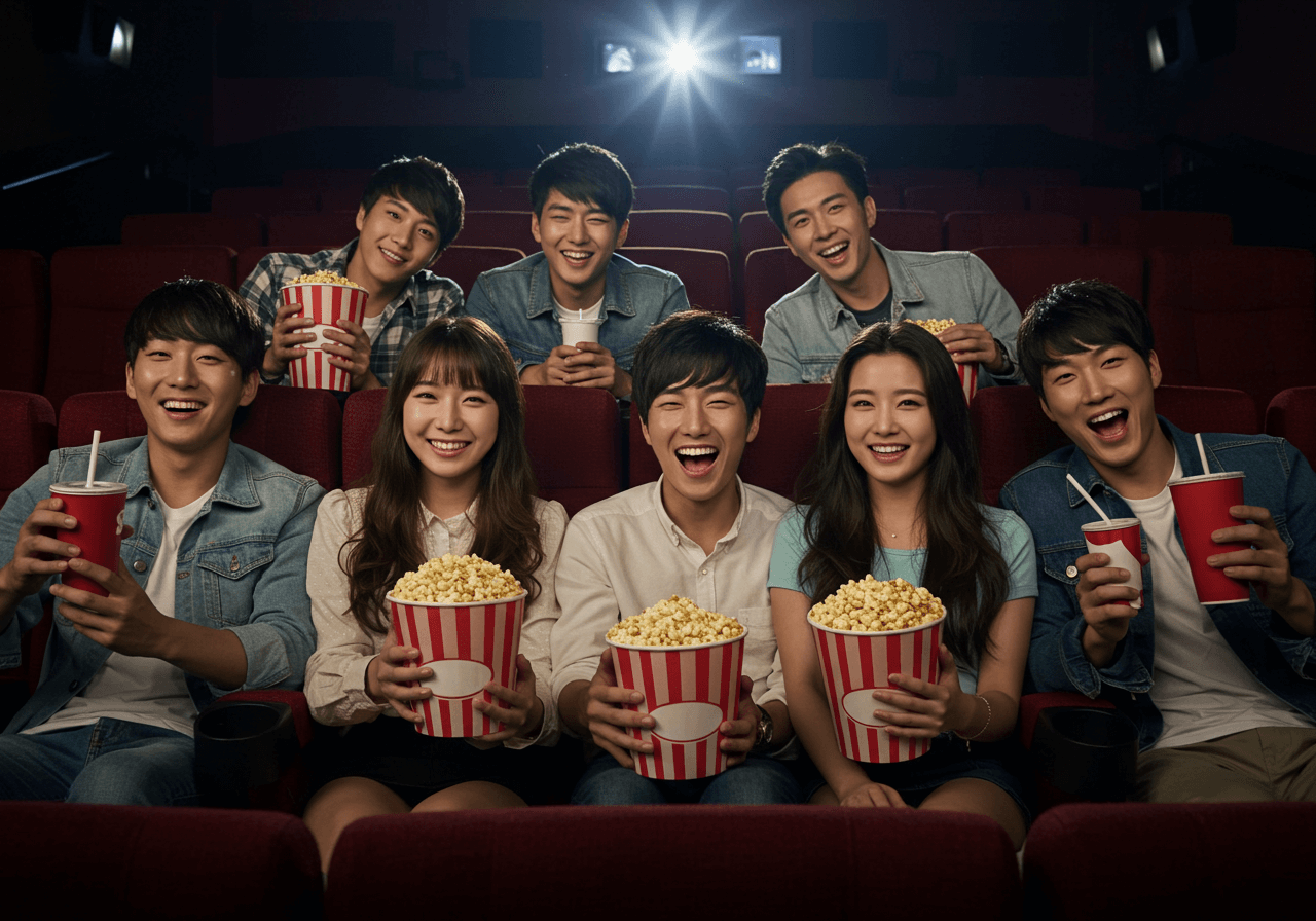 2006년생 한국인 남녀 무리가 영화관에서 팝콘과 음료를 들고 환하게 웃으며 영화를 즐기는 모습