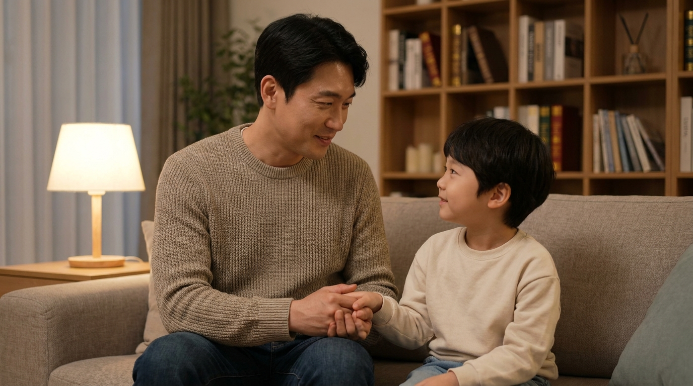 아이 손 잡고 이야기 나누는 아빠