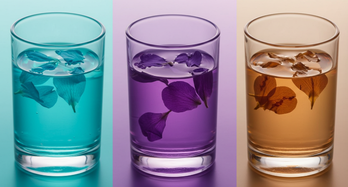 시간의 흐름에 따른 향의 변화를 나타내는 그라데이션 이미지, 투명한 유리잔에 꽃잎들이 떠있는 모습
