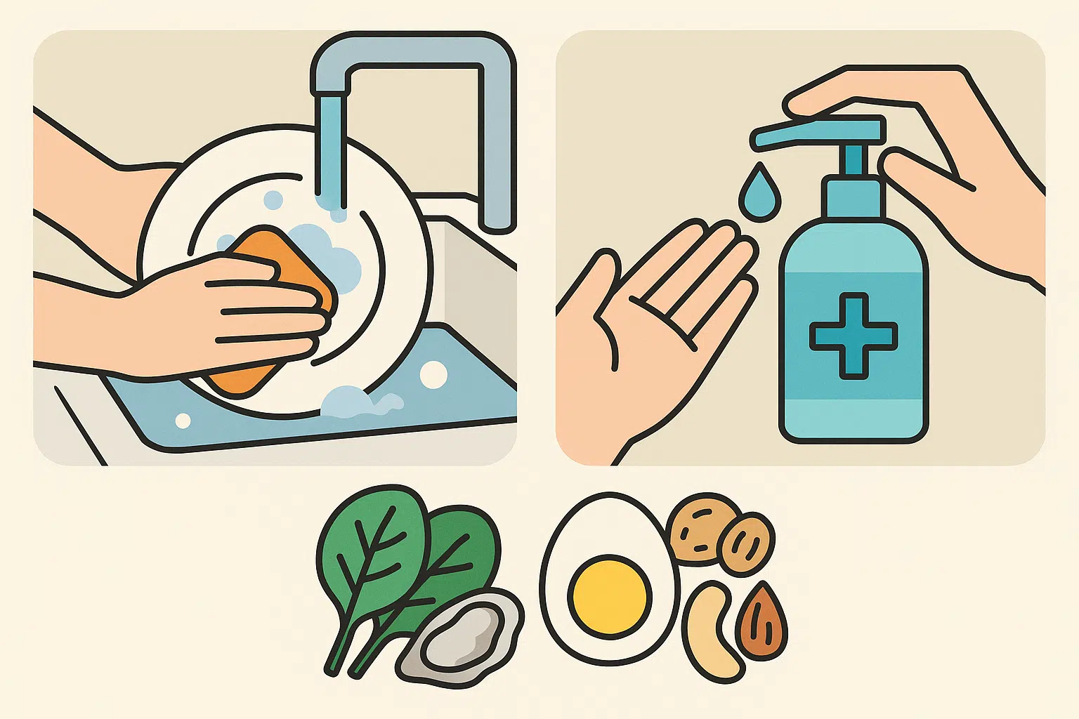 고무장갑 없이 설거지하는 손, 손 소독제를 뿌리는 장면, 영양 부족