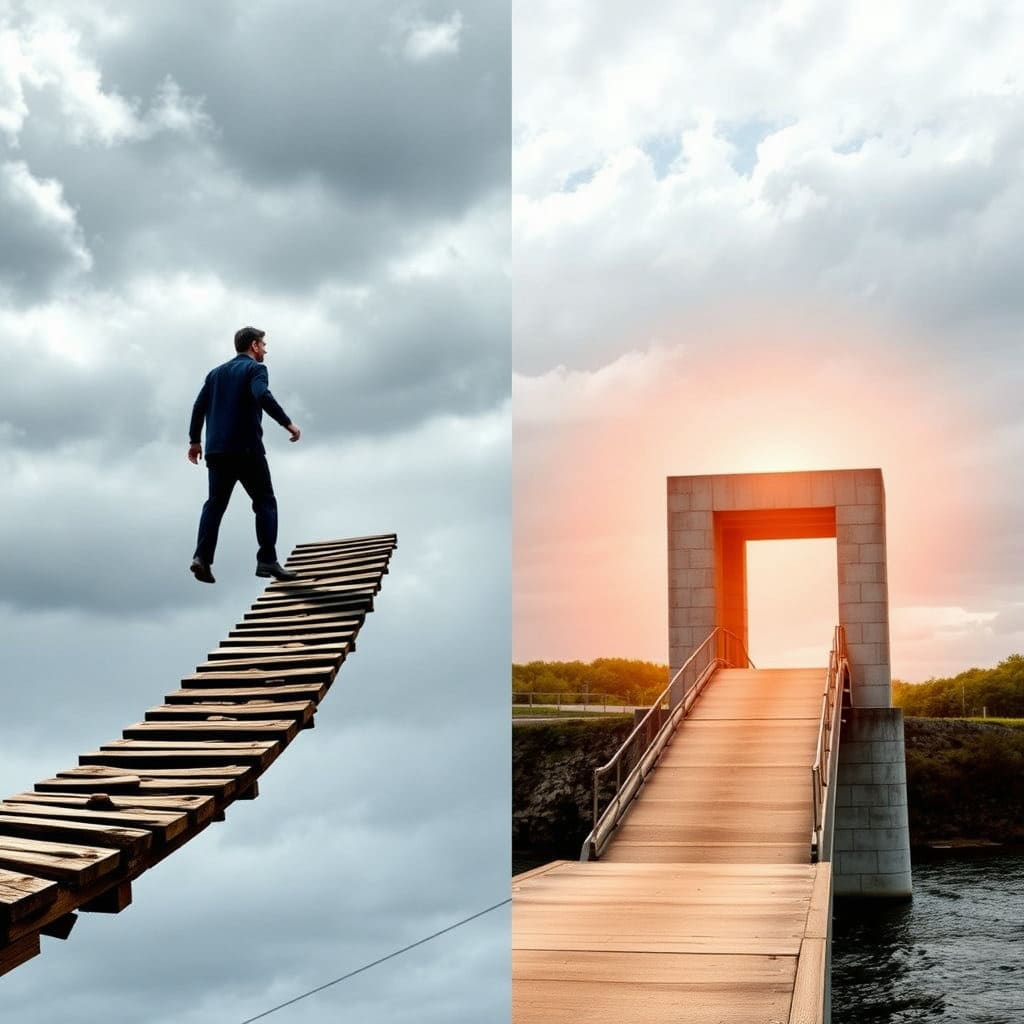 흔들리는 외나무다리를 건너는 사람의 모습과, 그 옆에 튼튼하고 넓은 다리(퇴직연금)가 놓여 있는 모습을 대비시킵니다. 불안정한 노후 생활에 대한 우려를 표현하고, 퇴직연금 의무화가 제공하는 안정적인 노후 대비책으로서의 역할을 부각합니다.