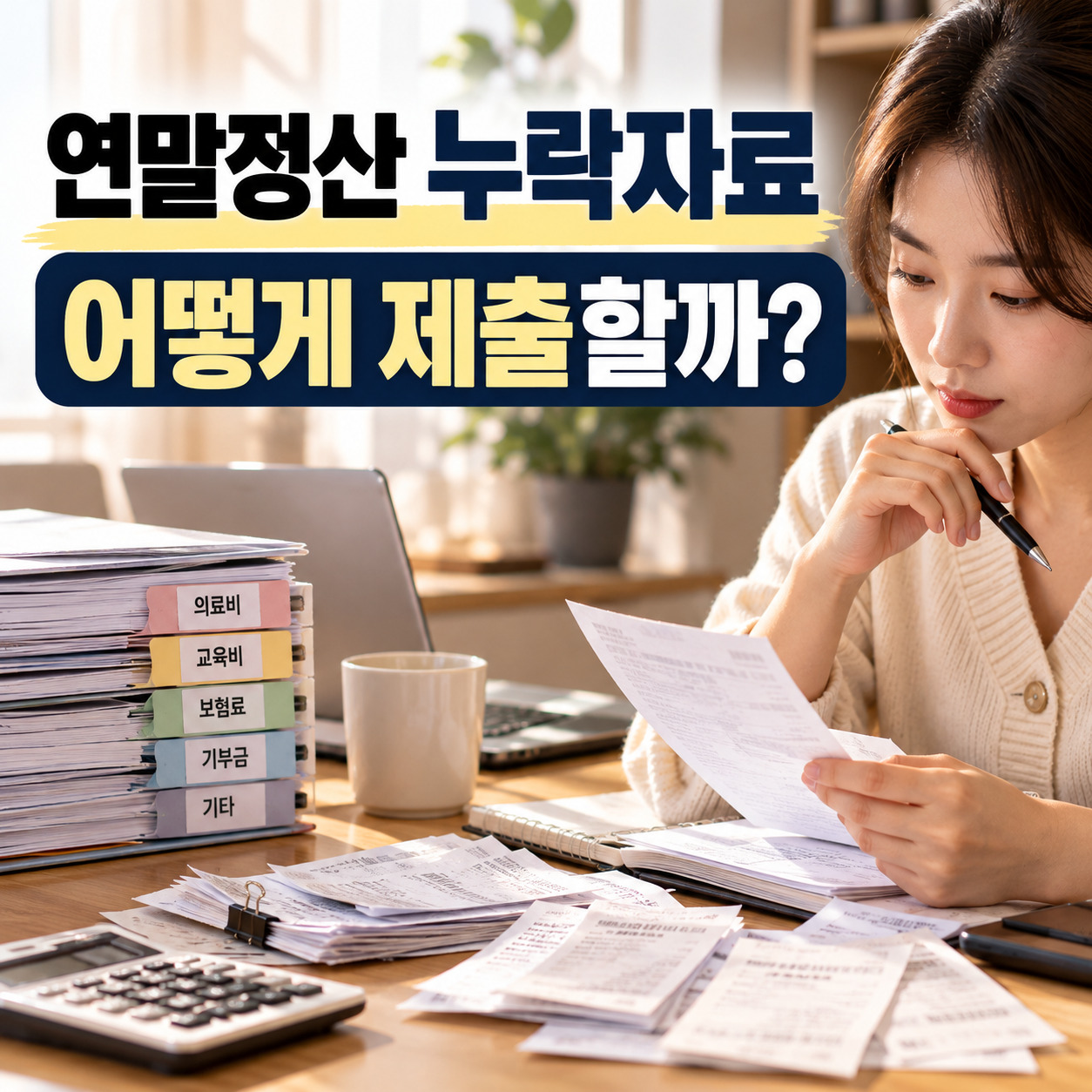 연말정산 누락자료를 어떻게 제출할지 안내하는 문구와 함께 여성이 영수증 및 공제 서류를 살펴보는 대표 이미지