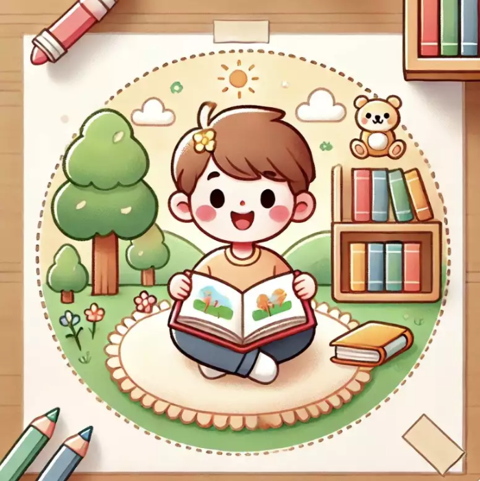 부드러운 러그 위에 앉아 책을 읽으며 기뻐하는 초등학교 저학년 아이의 모습. 책에서 동물과 나무 같은 친근한 이미지가 튀어나오는 듯한 장면이 표현되어 있으며, 배경에는 책장이 있고 따뜻한 조명이 아이의 독서 환경을 돋보이게 합니다. 초기 독서 교육의 중요성을 나타내는 단순하고 매력적인 일러스트.