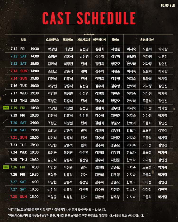 Cast schedule detail