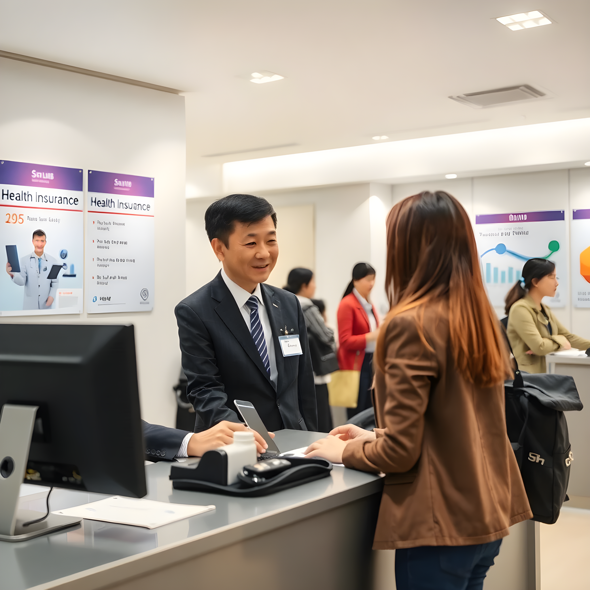 건강보험관리공단에서 직원과 고객이 대화를 나누고 있는 장면을 표현한 이미지