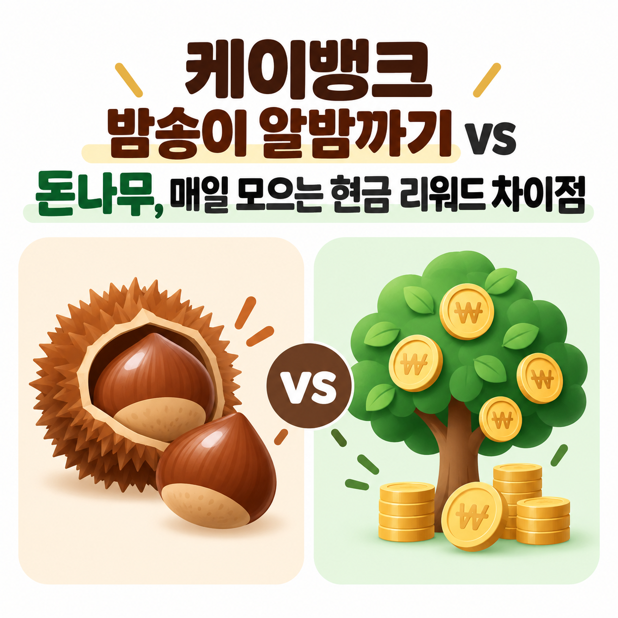 케이뱅크 밤송이 알밤까기와 돈나무 현금 리워드 차이를 밤송이와 코인 나무 일러스트로 비교한 정사각형 인포그래픽 이미지