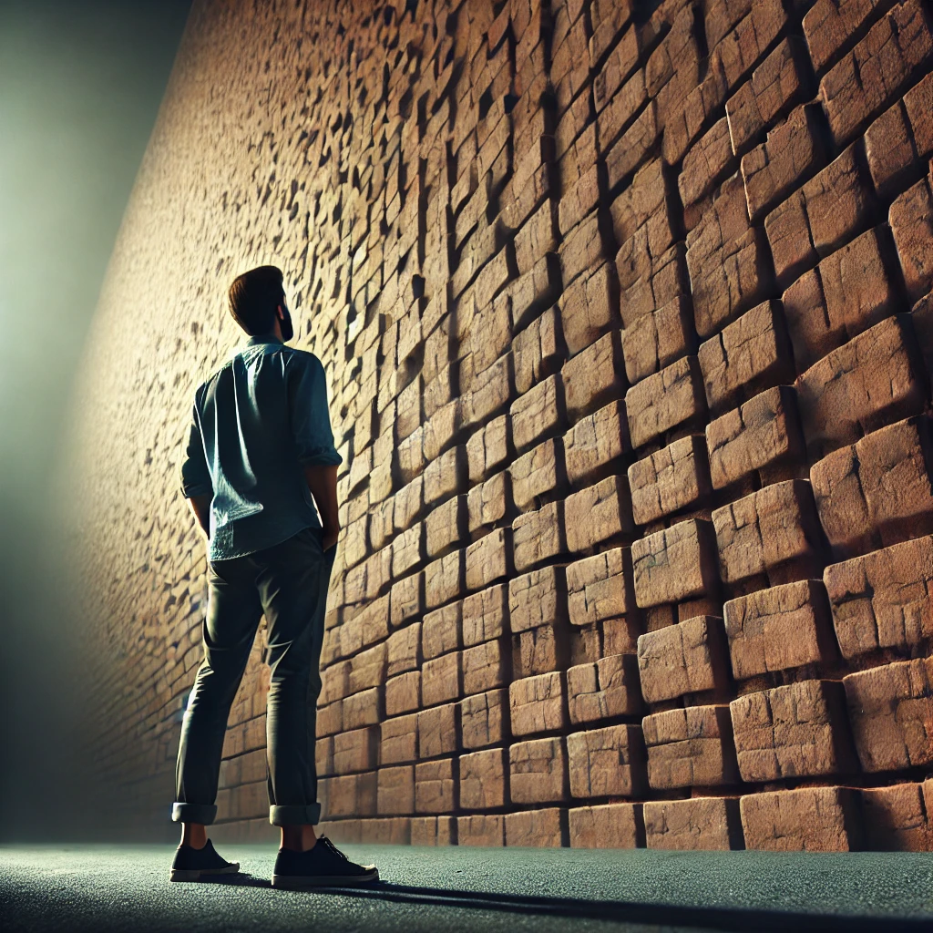 남자가 벽돌로 만든 높은 벽앞에 서있는 사진