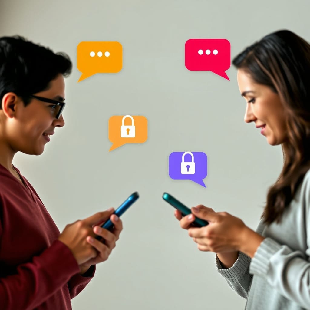 두 사람이 스마트폰으로 대화하는 모습과 함께, 그들 사이를 오가는 메시지 풍선들이 자물쇠로 잠겨 있는 이미지를 그립니다. 메시지 위나 옆에 작은 자물쇠 아이콘을 명확하게 표시하여 보안성을 강조합니다.