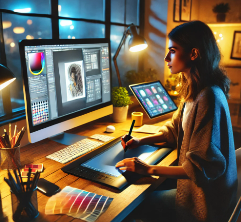 젊은여성 컴퓨터로 작업하는 모습