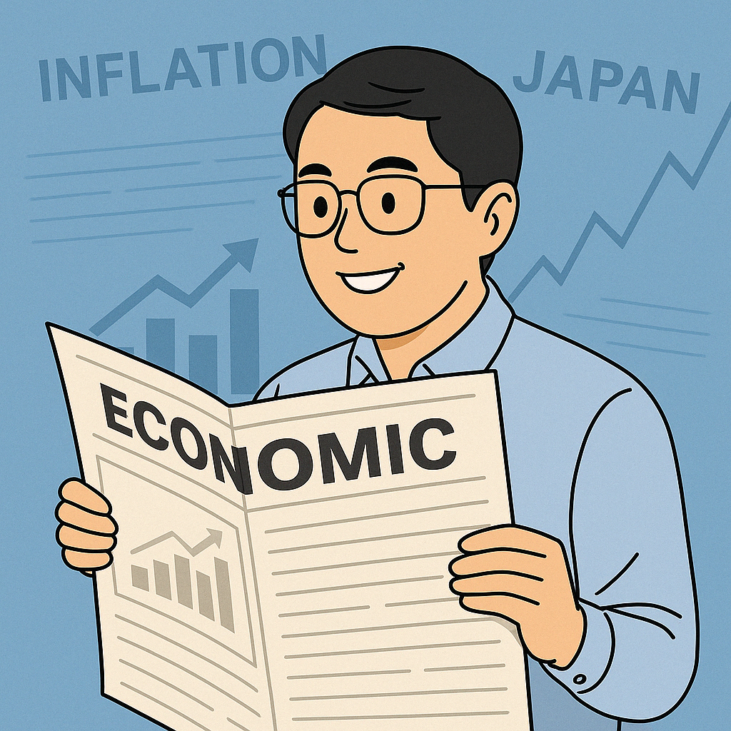 미백남 캐릭터가 밝은 표정으로 일본 경제신문을 보는 장면