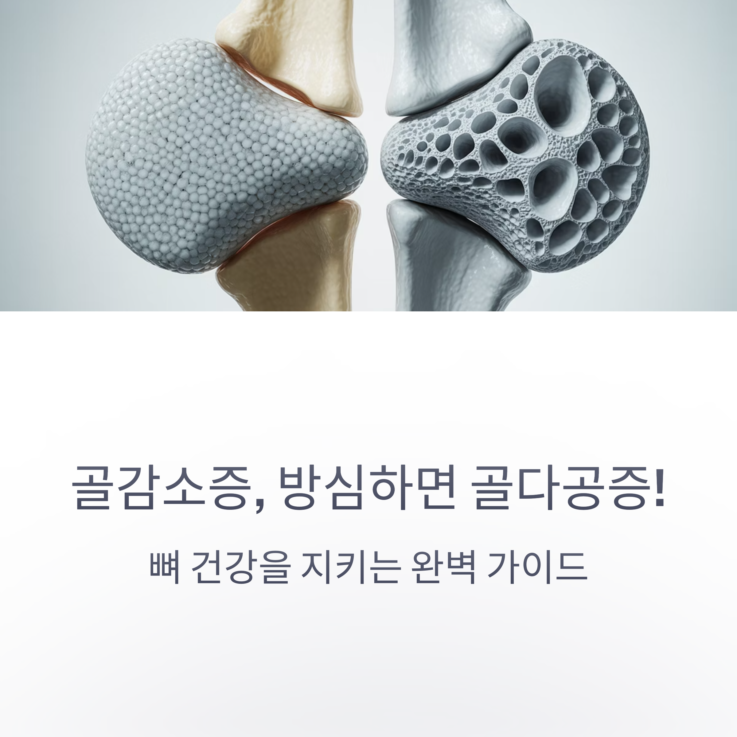 정상 뼈와 다공성 뼈를 비교하여 골감소증과 골다공증의 위험성을 강조한 이미지