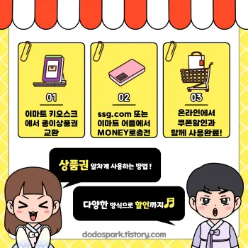 신세계상품권은 온라인 사용하는 과정을 여자와 남자 한복입은 커플이 설명하는 창작만화