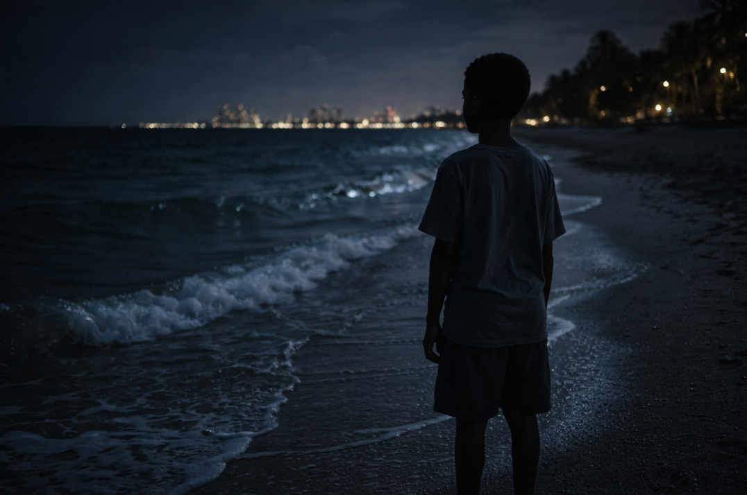 푸른 달빛이 비치는 해변가에 한 소년이 혼자 서 있는 조용하고 쓸쓸한 밤 장면