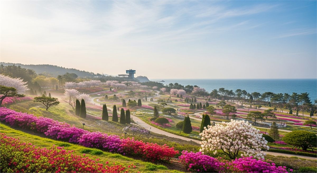 바다향기수목원의 해안 정원과 넓은 하늘이 보이는 풍경 