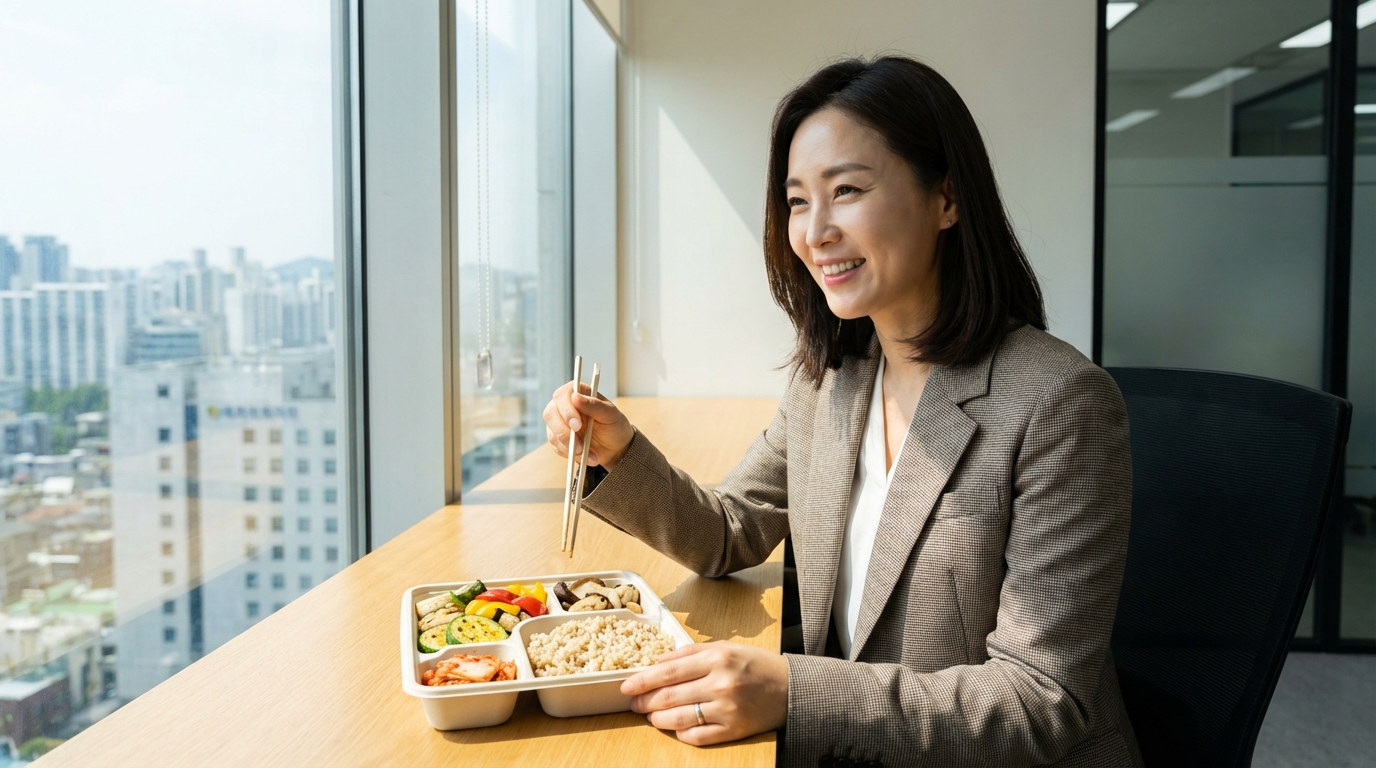 사무실 책상에서 건강한 다이어트 도시락을 먹으며 즐겁게 업무를 보는 한국인 직장인 여성의 모습