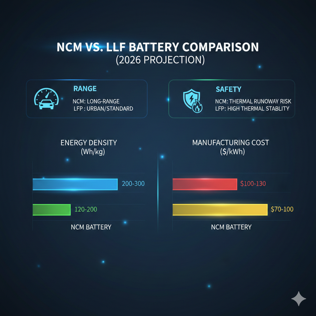 NCM 배터리와 LFP 배터리의 에너지 밀도 및 제조 단가 비교 차트