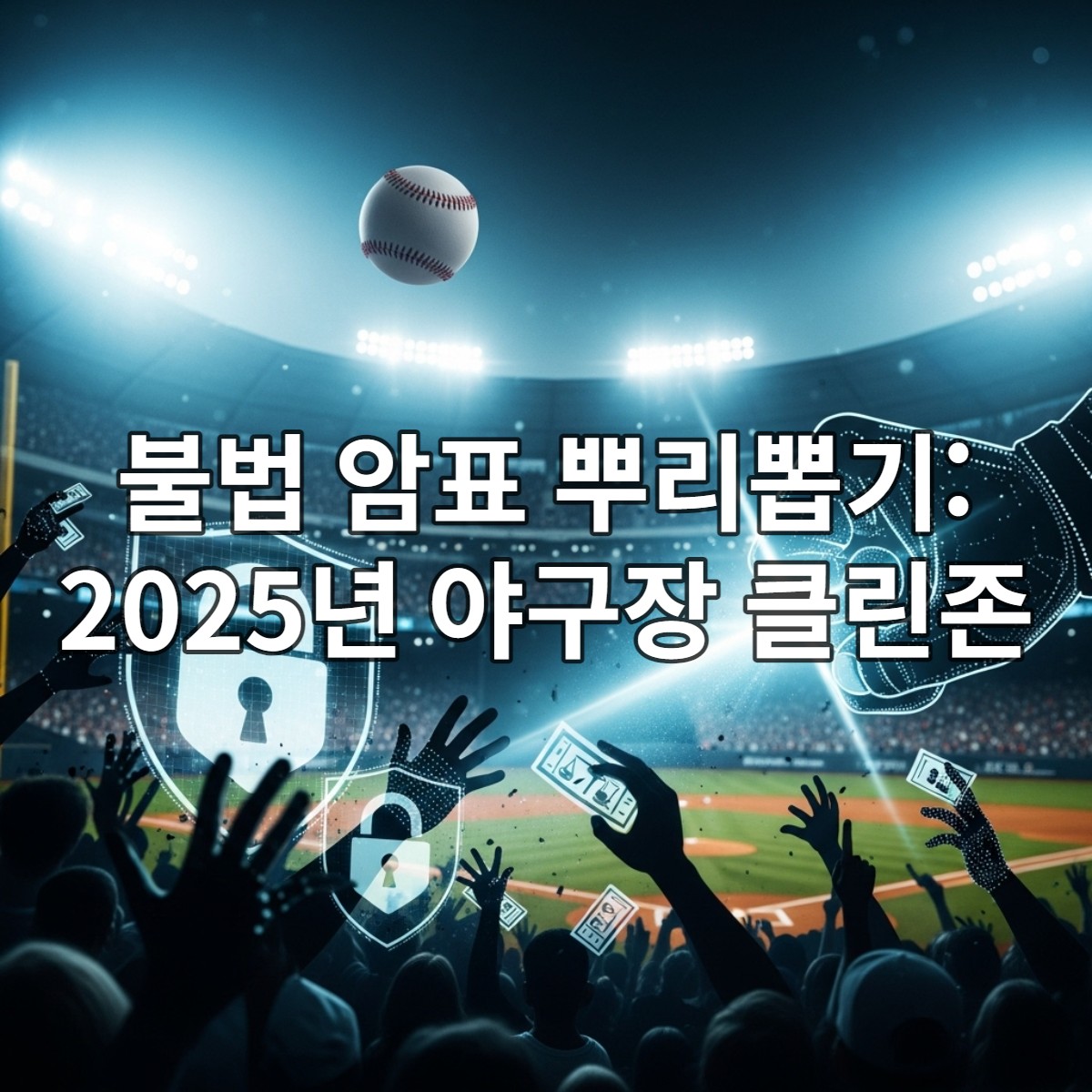 2025년 프로야구 불법 암표 근절을 위한 법적 처벌과 팬들의 노력을 상징하는 역동적인 이미지